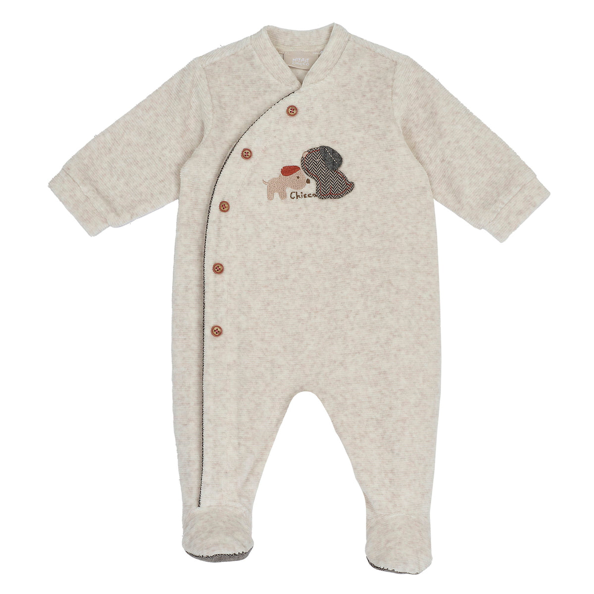 Tutina neonato Chicco beige con cagnolini applicati e bottoni marroni