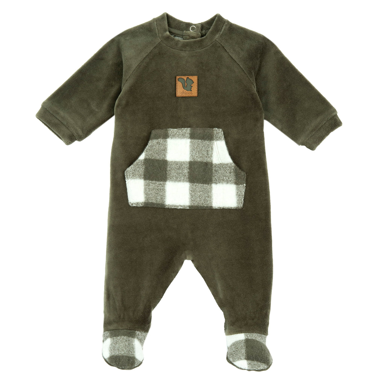 Tutina neonato Chicco vellutata verde bosco con tasca e piedini a quadri