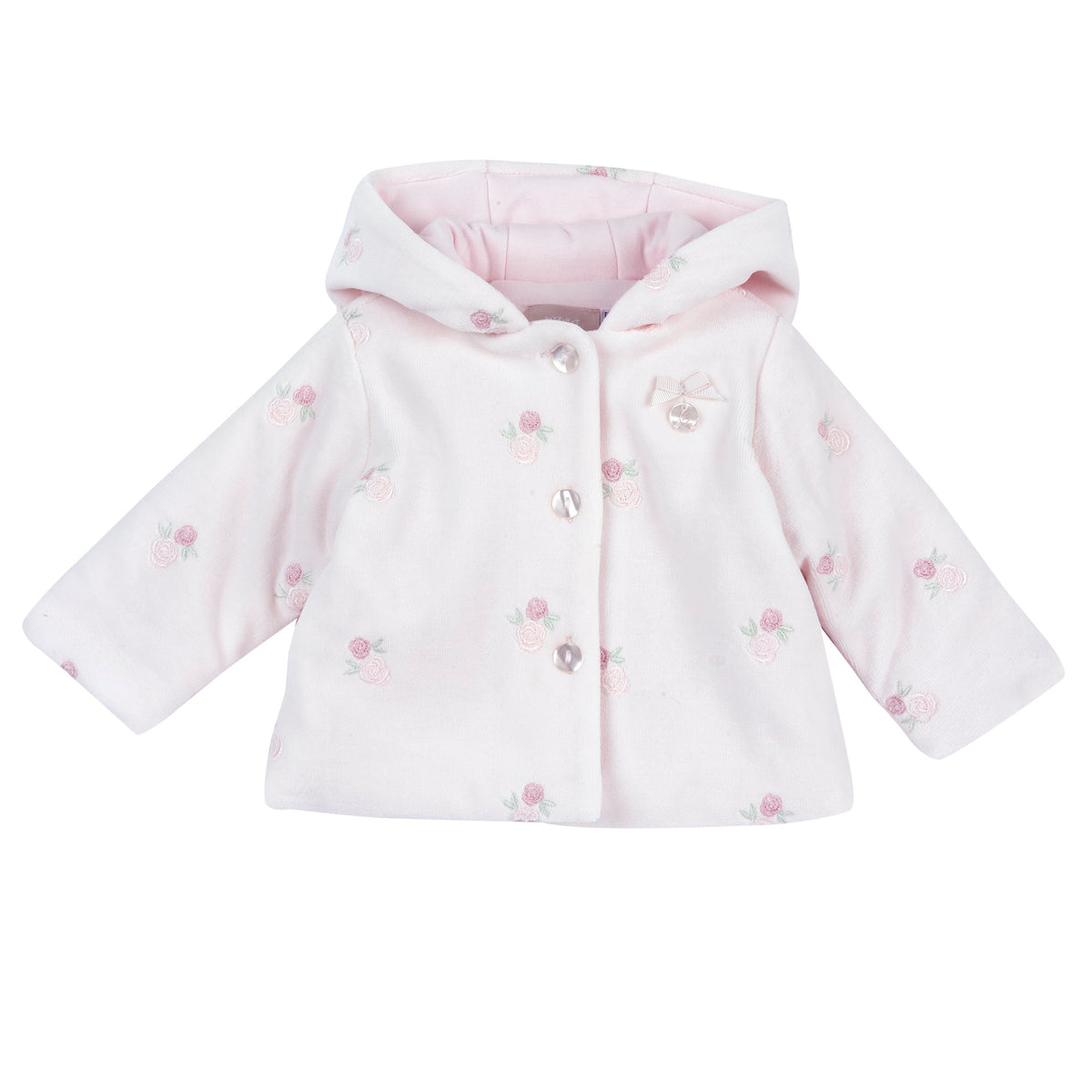 Cardigan neonata Chicco bianco con fiocchetti rosa e cappuccio
