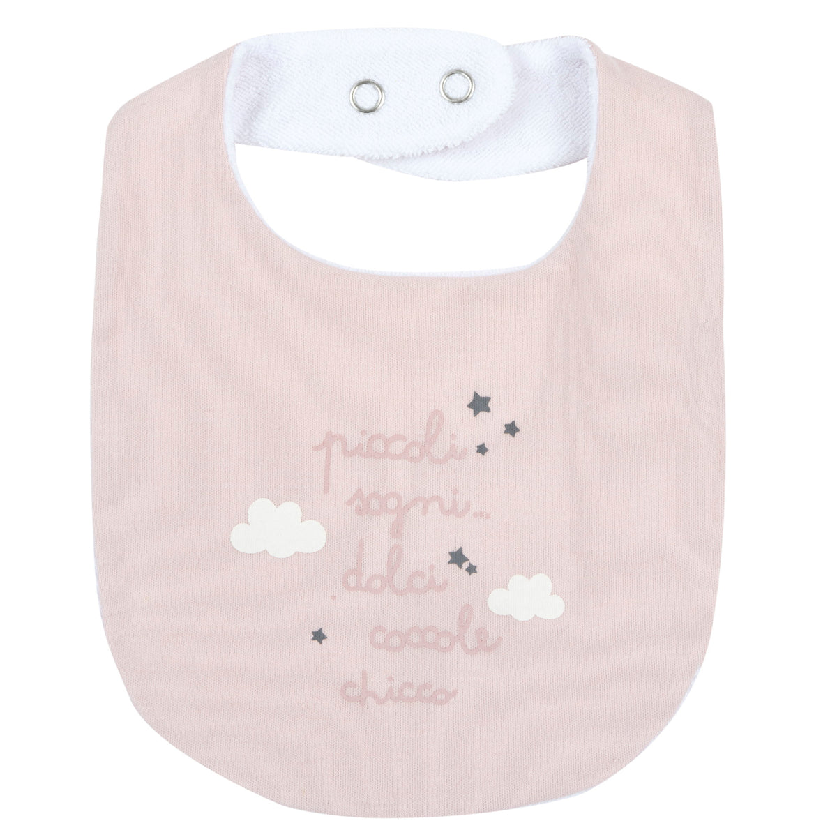 Bavaglino neonato Chicco rosa con scritta Piccoli sogni dolci coccole