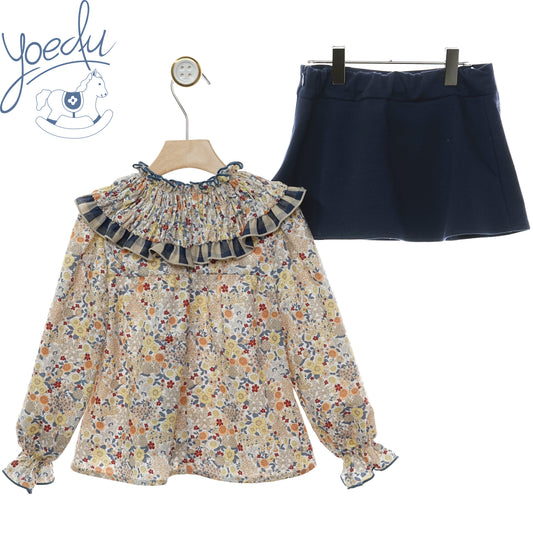 Retro del completo bambina Yoedu con blusa a fiori e gonna blu