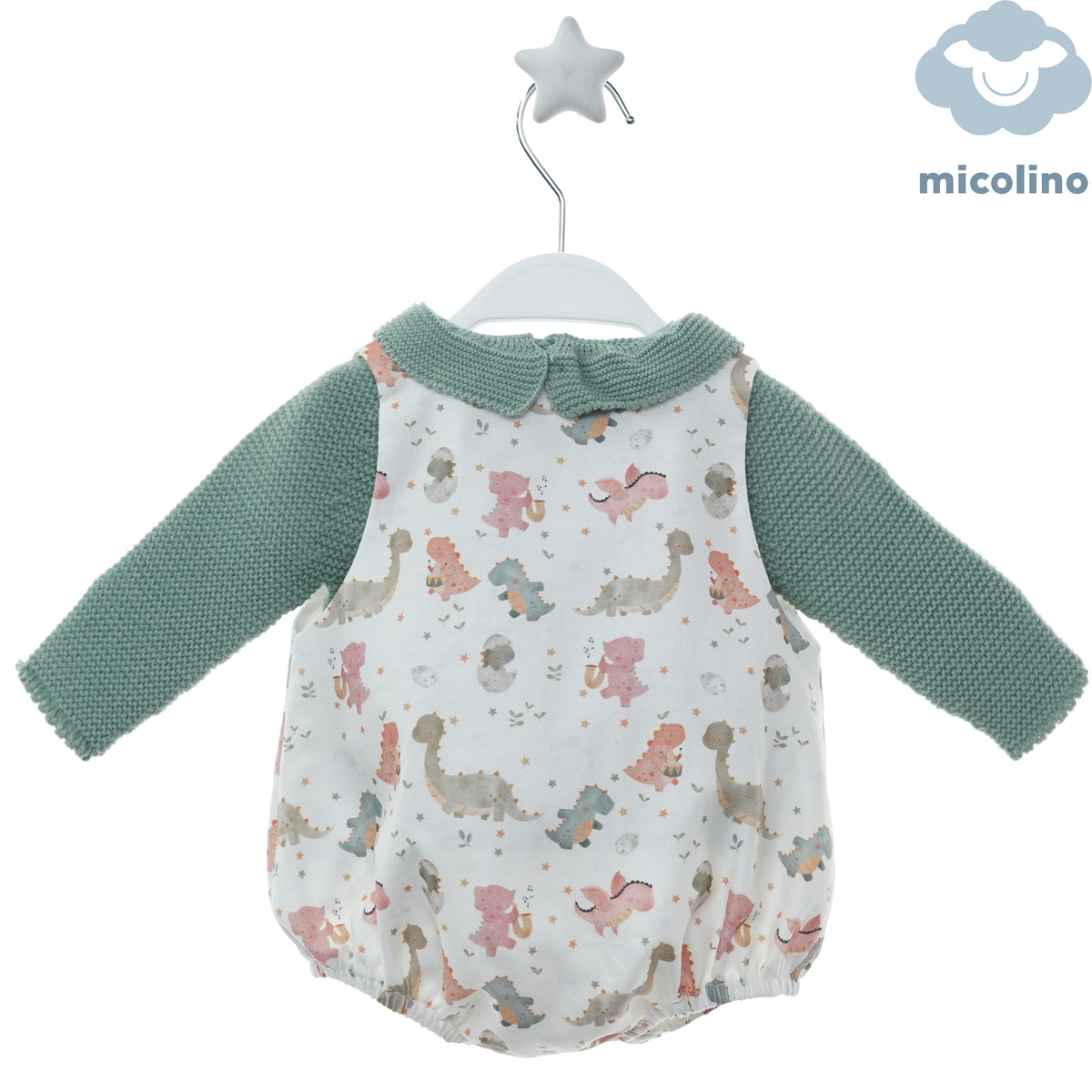 Retro del pagliaccetto Micolino con dinosauri e maglia verde