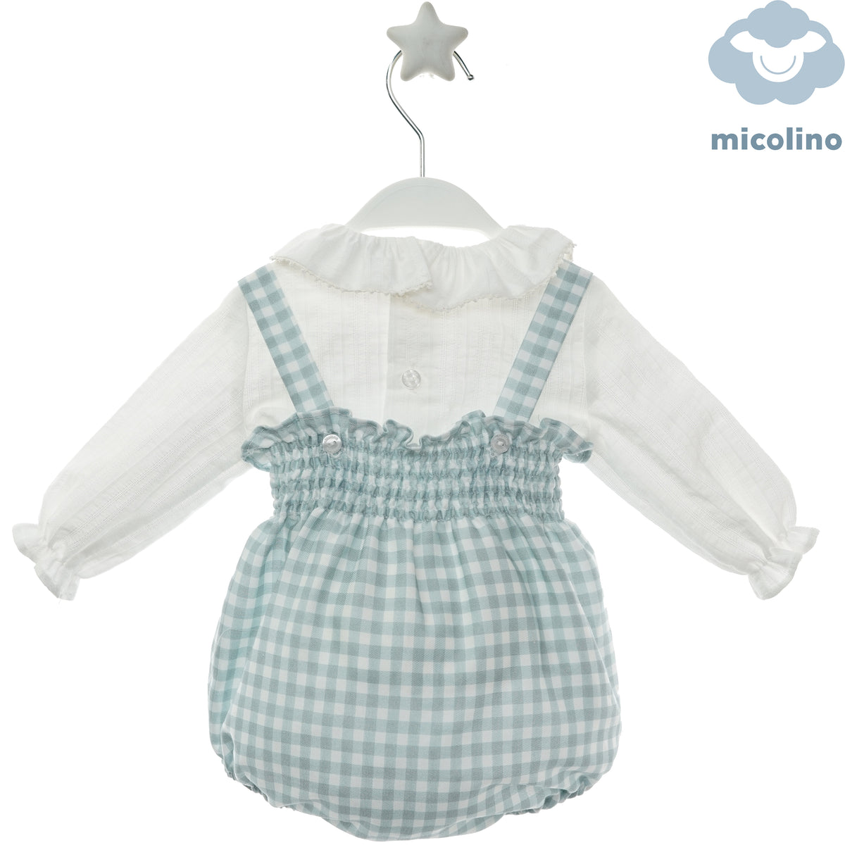 Retro del pagliaccetto Micolino a quadretti con camicia