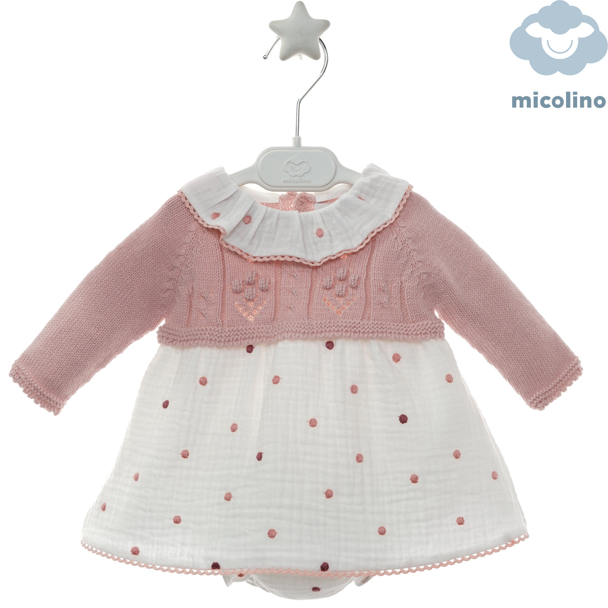 Abito neonata Micolino con corpino rosa in maglia, gonna a pois e coulotte
