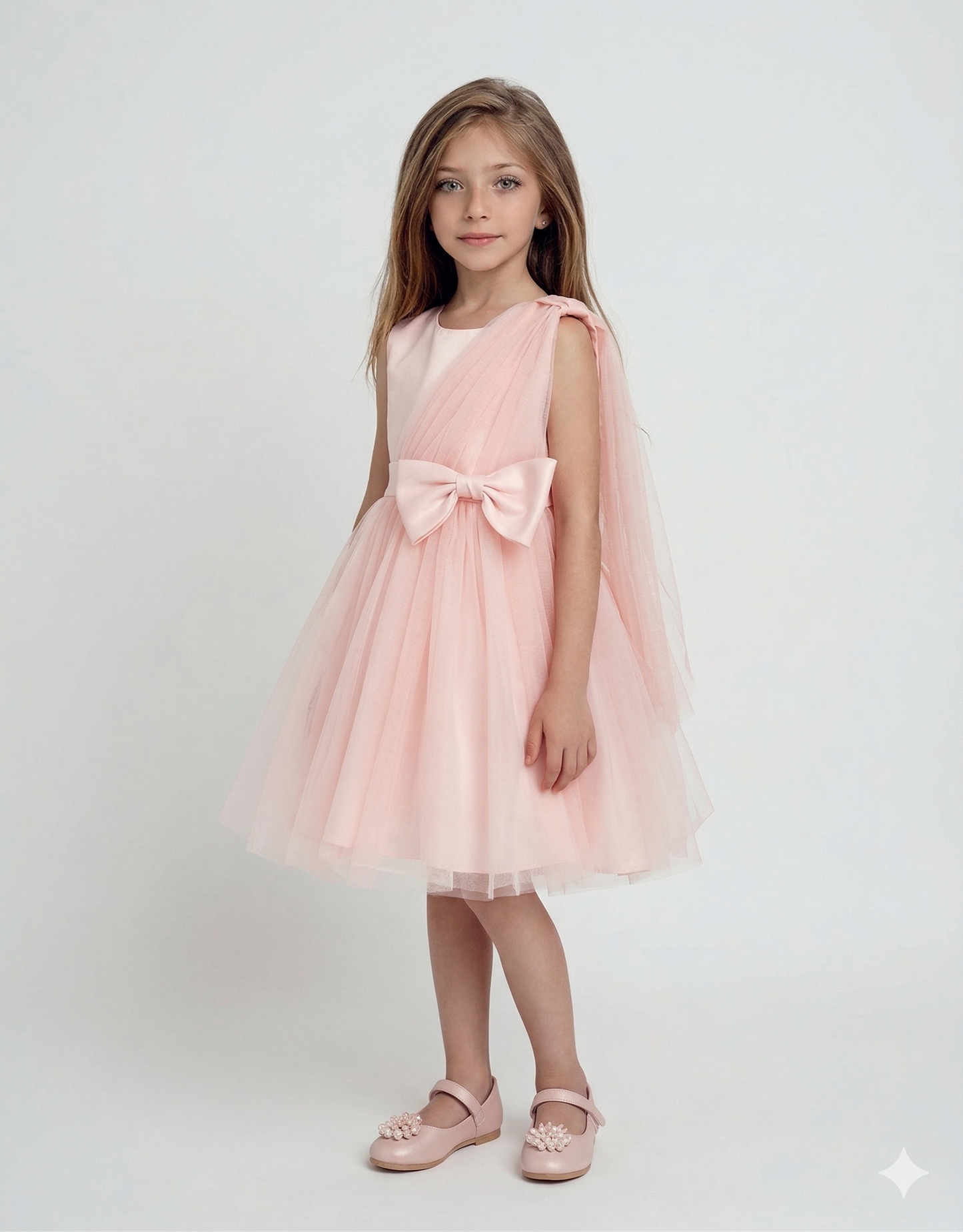 Abito Rosa Cipria con Gonna in Tulle e Maxi Fiocco in Satin
