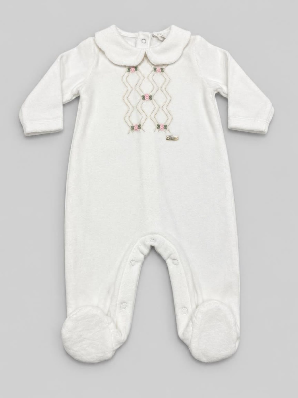 Tutina neonata Le Bebé panna con colletto e ricamo a roselline