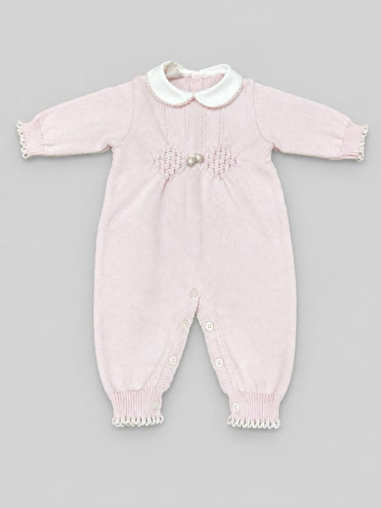 Tutina neonata Marlù in maglia rosa con colletto bianco e nido d'ape