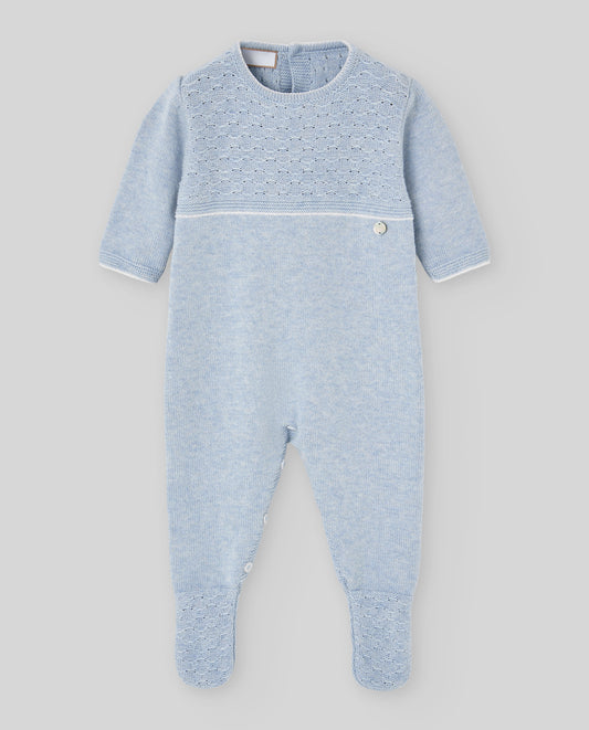 Tutina neonato Paz Rodriguez in maglia azzurra con sprone lavorato