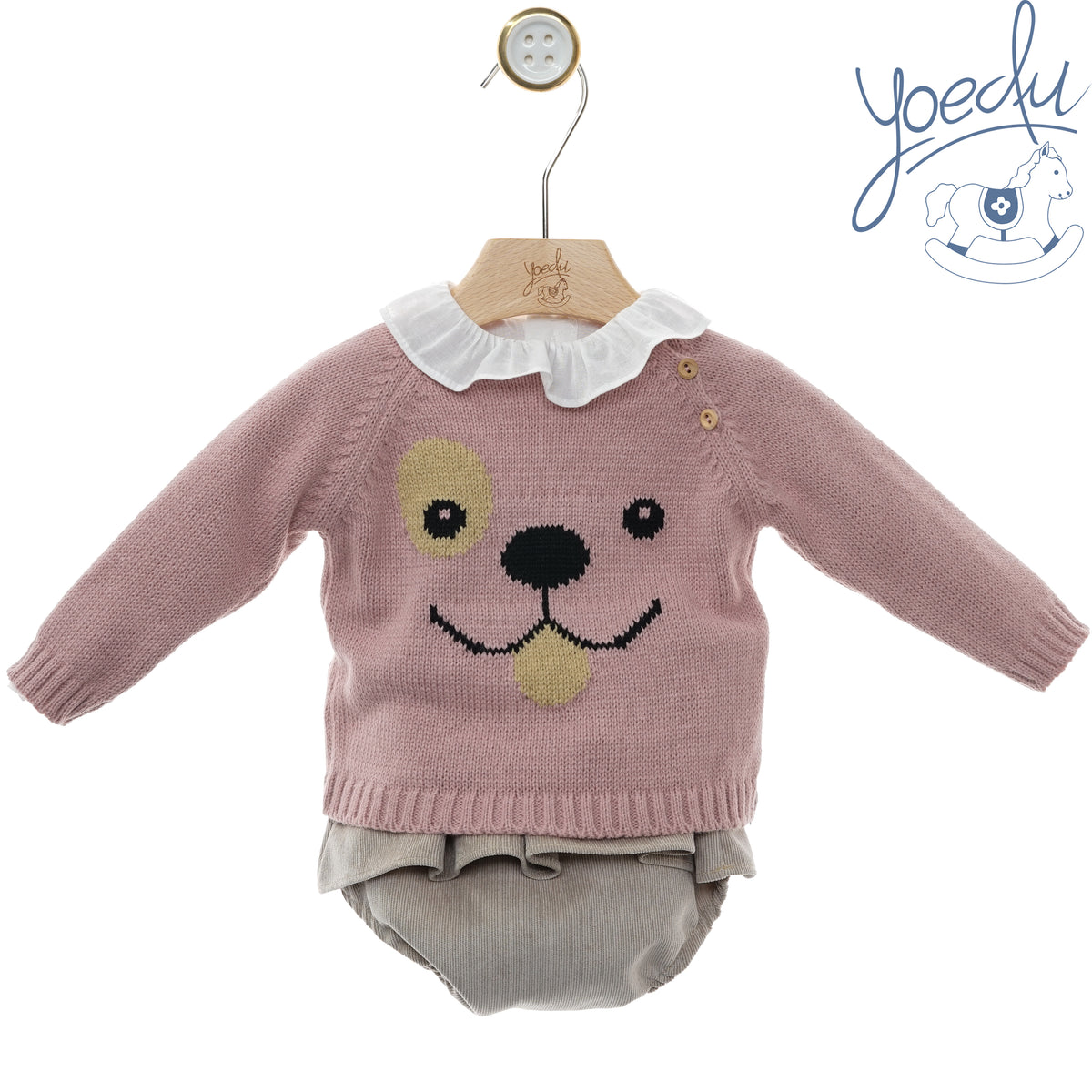 Completo bambina Yoedu con maglione rosa con cagnolino e culotte grigia, fronte