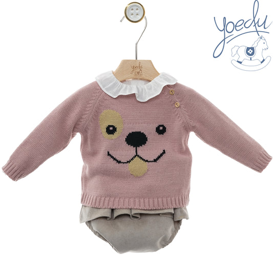Completo bambina Yoedu con maglione rosa con cagnolino e culotte grigia, fronte