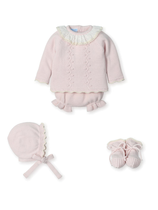 Completo neonata Mac Ilusion 4 pezzi in lana rosa con cuffietta e scarpine