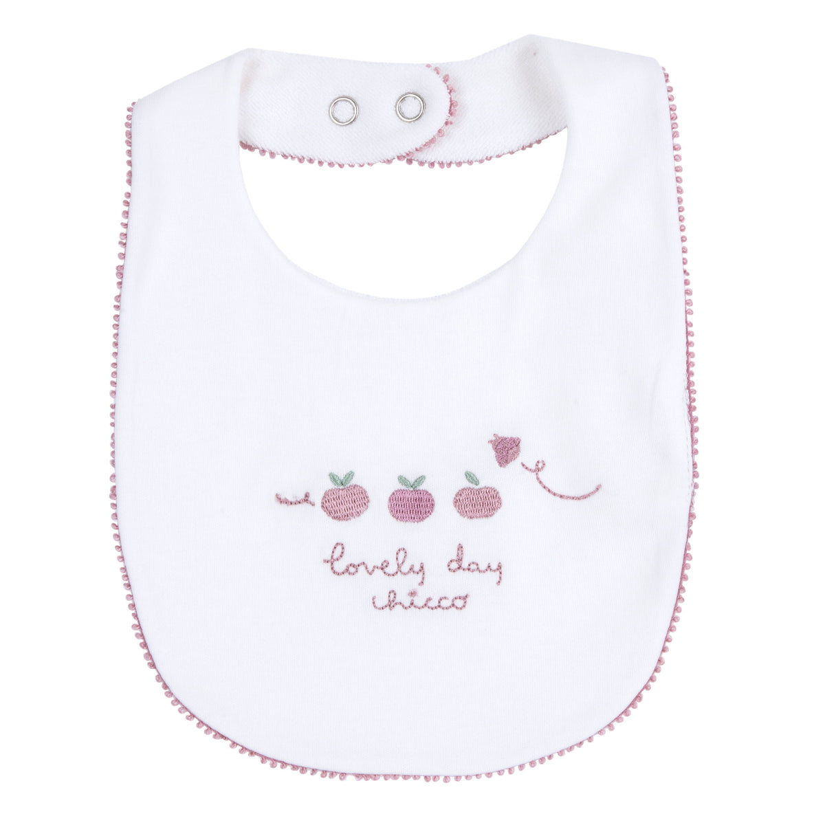 Bavaglino neonata Chicco bianco con bordo rosa e mele ricamate