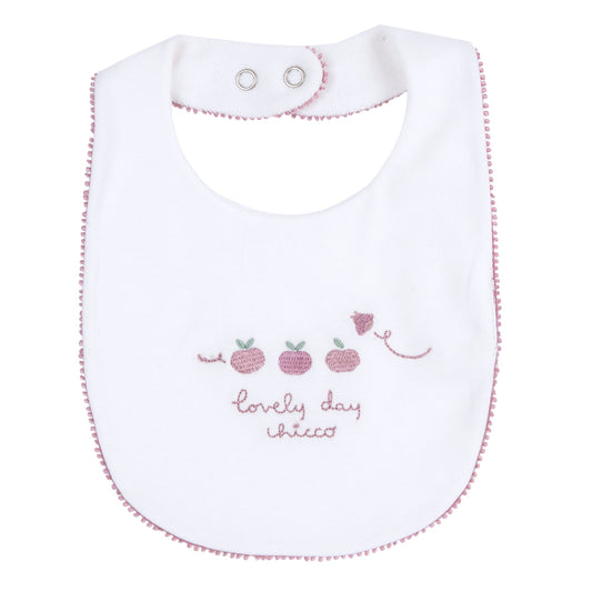 Bavaglino neonata Chicco bianco con bordo rosa e mele ricamate