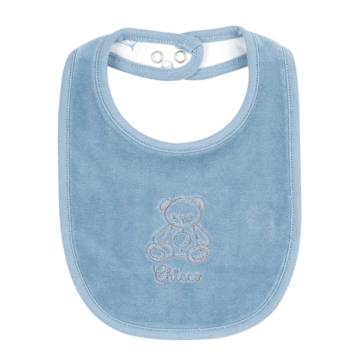 Bavaglino neonato Chicco azzurro vellutato con orsetto ricamato