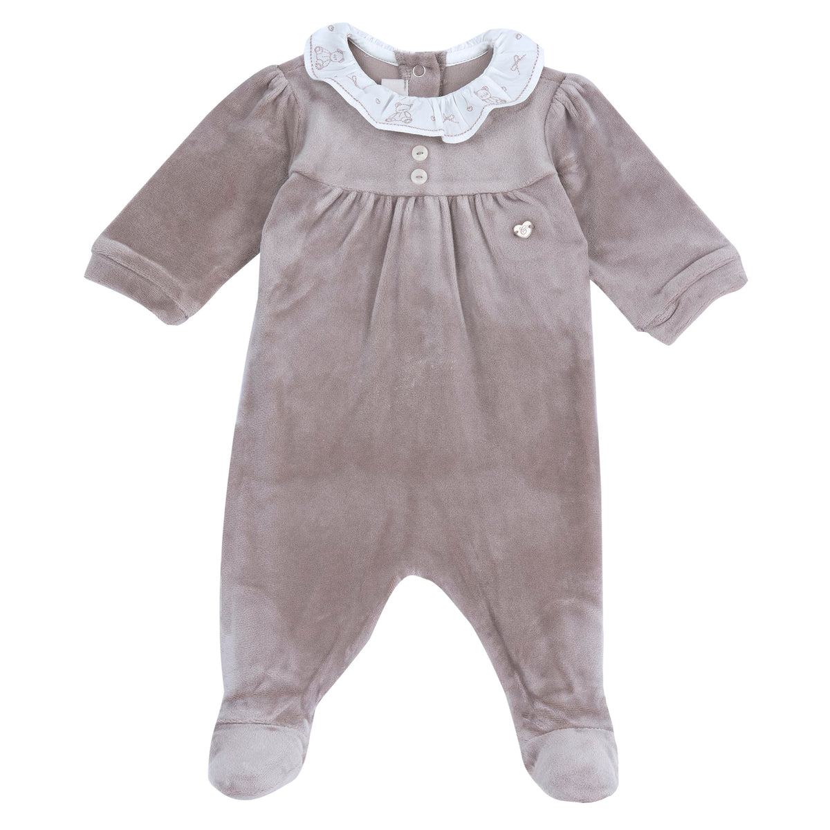 Tutina neonata Chicco vellutata color marrone chiaro con colletto in pizzo