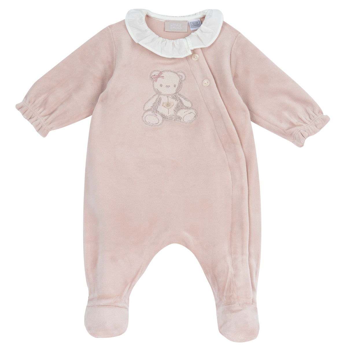 Tutina neonata Chicco rosa vellutata con orsetto e colletto in pizzo