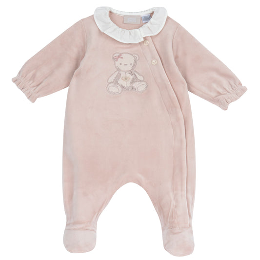 Tutina neonata Chicco rosa vellutata con orsetto e colletto in pizzo