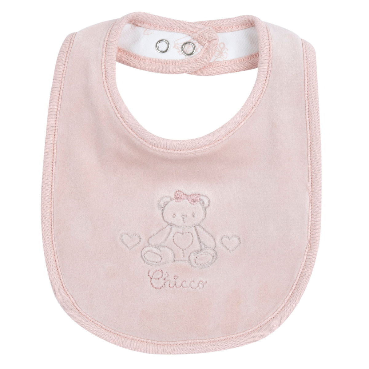 Bavaglino neonata Chicco rosa vellutato con orsetto e cuoricini ricamati