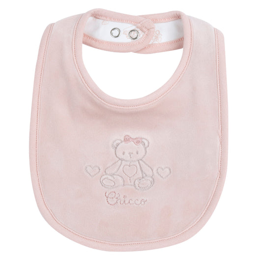 Bavaglino neonata Chicco rosa vellutato con orsetto e cuoricini ricamati