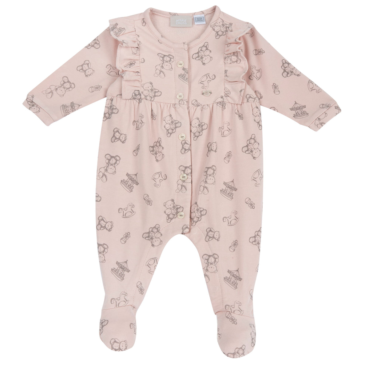 Tutina neonata Chicco rosa con stampa orsetti e volant sulle spalle