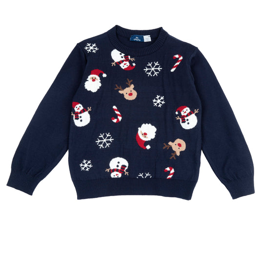 Pullover bambino Chicco in tricot blu con motivi natalizi di Babbo Natale, renne e pupazzi di neve