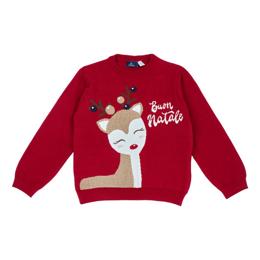 Pullover bambina Chicco in tricot rosso con renna e scritta Buon Natale