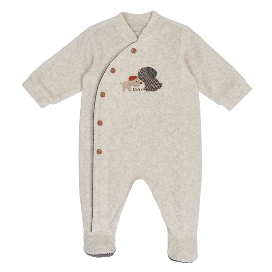 Tutina neonato Chicco beige con cagnolini applicati e bottoni marroni