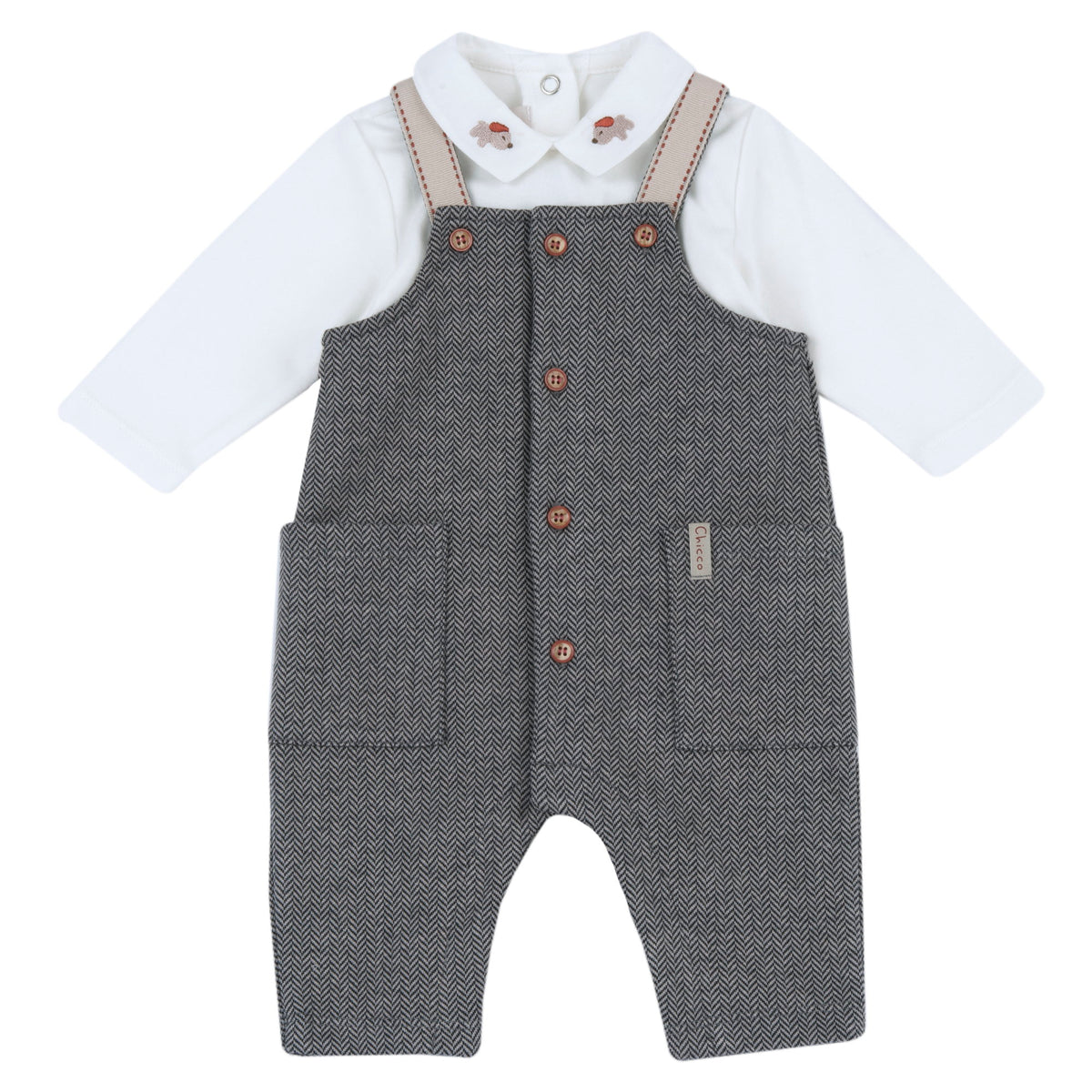 Set neonato Chicco con body bianco e salopette lunga grigia