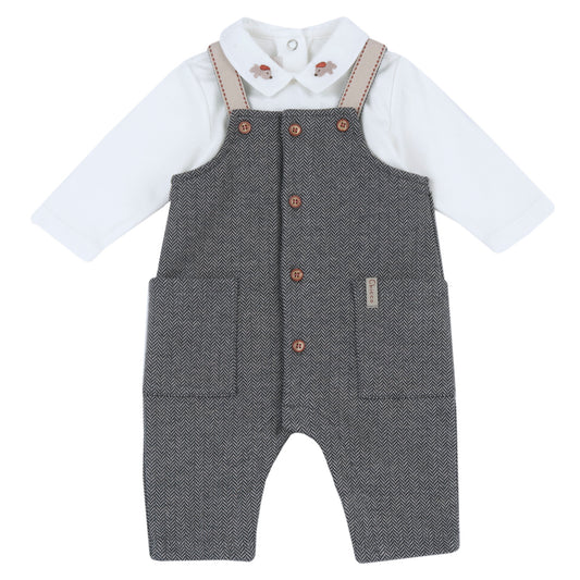 Set neonato Chicco con body bianco e salopette lunga grigia