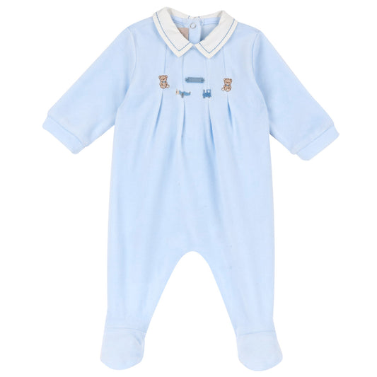 Tutina neonato Chicco azzurra vellutata con colletto bianco e ricami