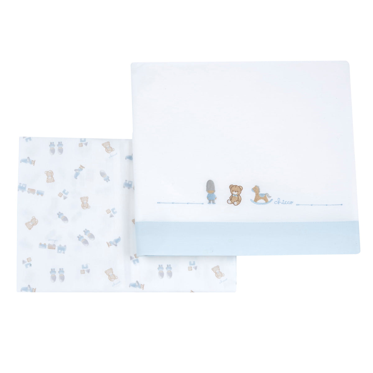 Set di due lenzuolini carrozzina Chicco bianchi con bordo azzurro e ricami
