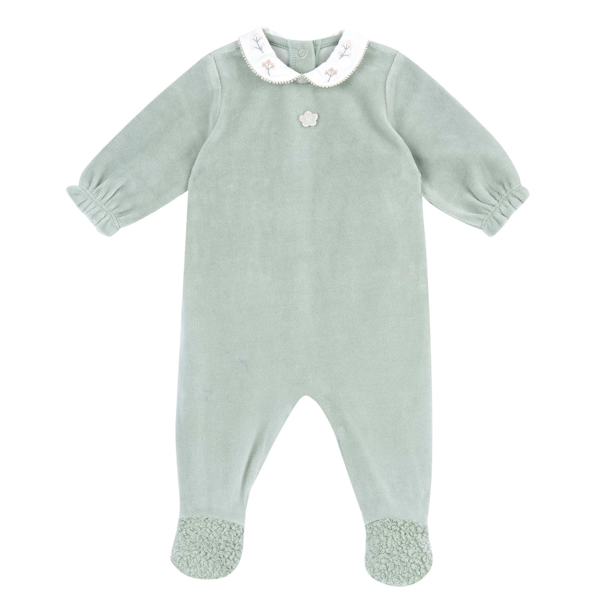 Tutina neonato Chicco verde salvia vellutata con colletto bianco ricamato