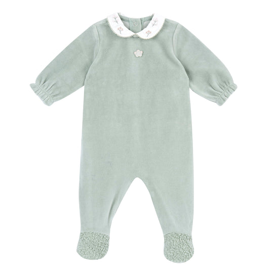 Tutina neonato Chicco verde salvia vellutata con colletto bianco ricamato