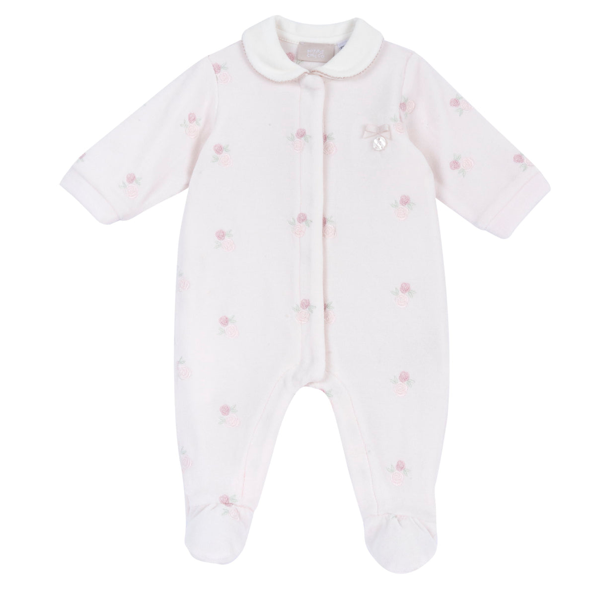Tutina neonata Chicco vellutata con fiorellini rosa ricamati e colletto tondo