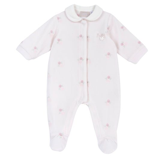 Tutina neonata Chicco vellutata con fiorellini rosa ricamati e colletto tondo