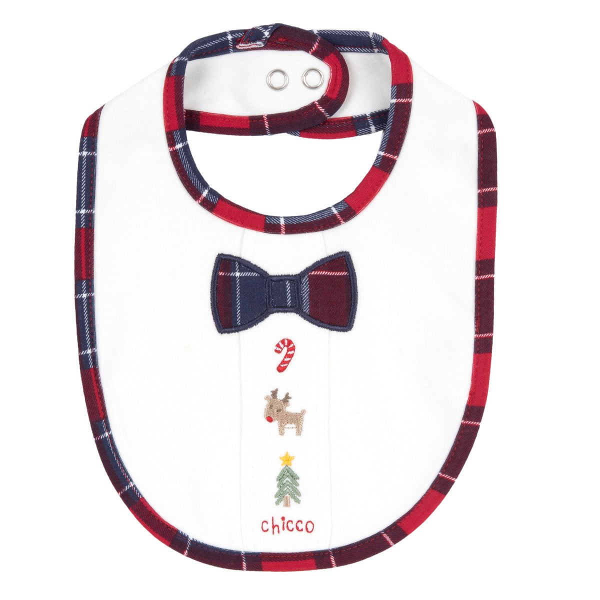 Bavaglino Chicco bianco con bordo scozzese, papillon e decori natalizi ricamati