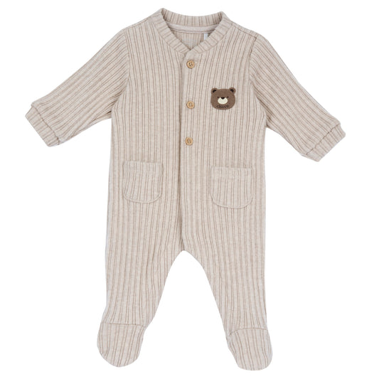 Tutina neonato Chicco beige a righe con toppa orsetto e taschine