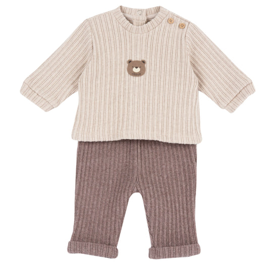 Set neonato Chicco con maglia beige con orsetto e pantalone a coste