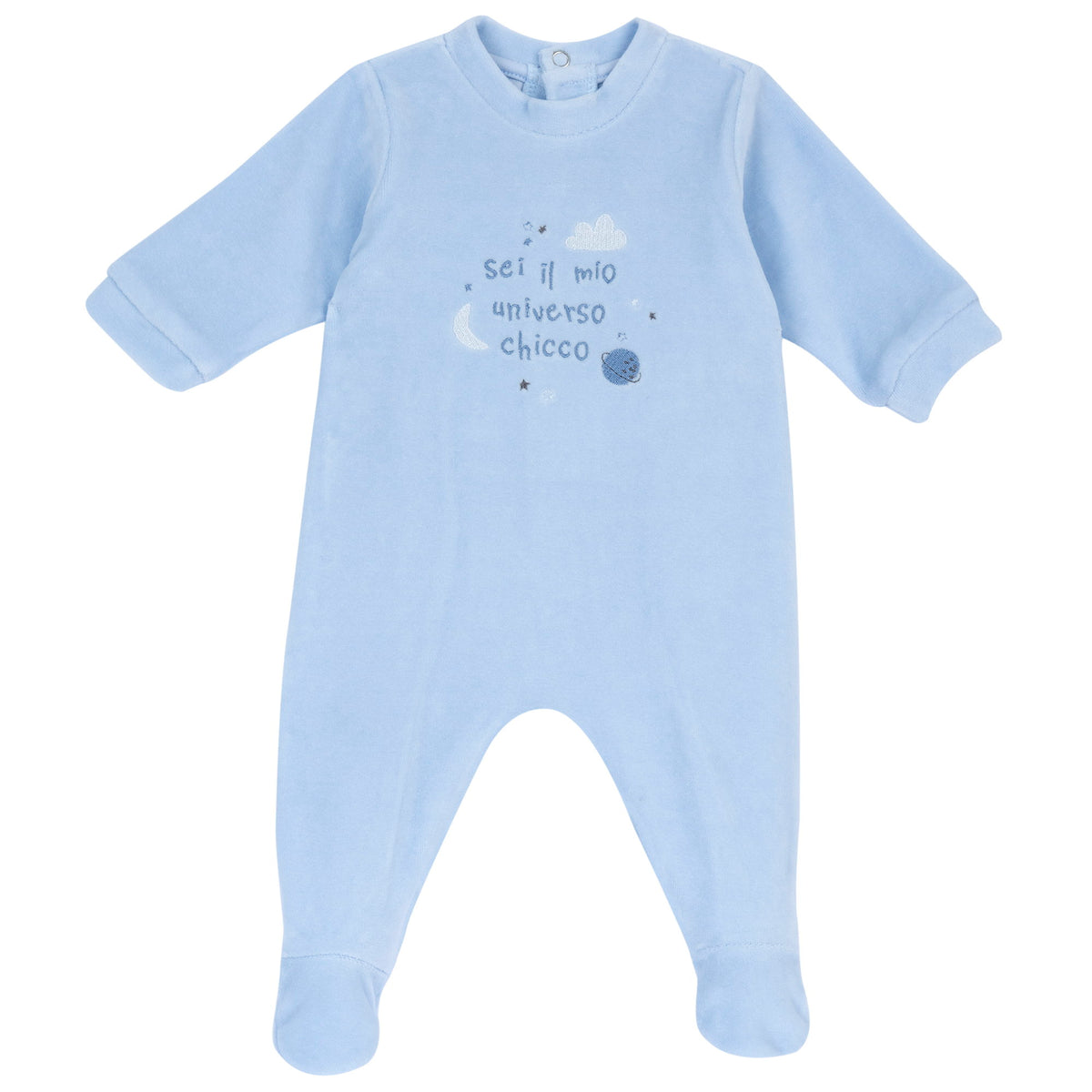 Tutina neonato Chicco color cielo effetto vellutato con scritta ricamata
