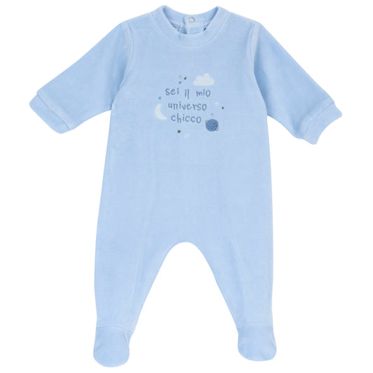 Tutina neonato Chicco color cielo effetto vellutato con scritta ricamata