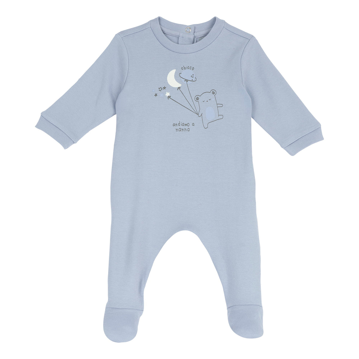 Tutina neonato Chicco azzurra con piedini e stampa luna e coniglietto