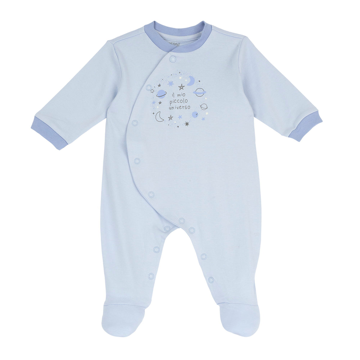 Tutina neonato Chicco color cielo con apertura davanti e bordi a contrasto