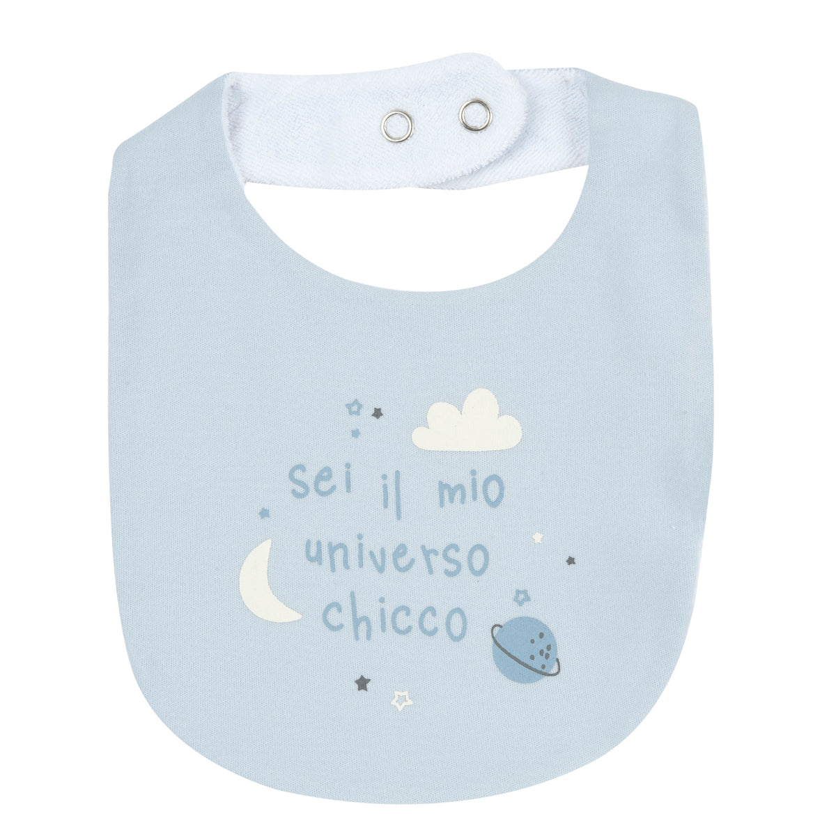 Bavaglino neonato Chicco color cielo con scritta Sei il mio universo