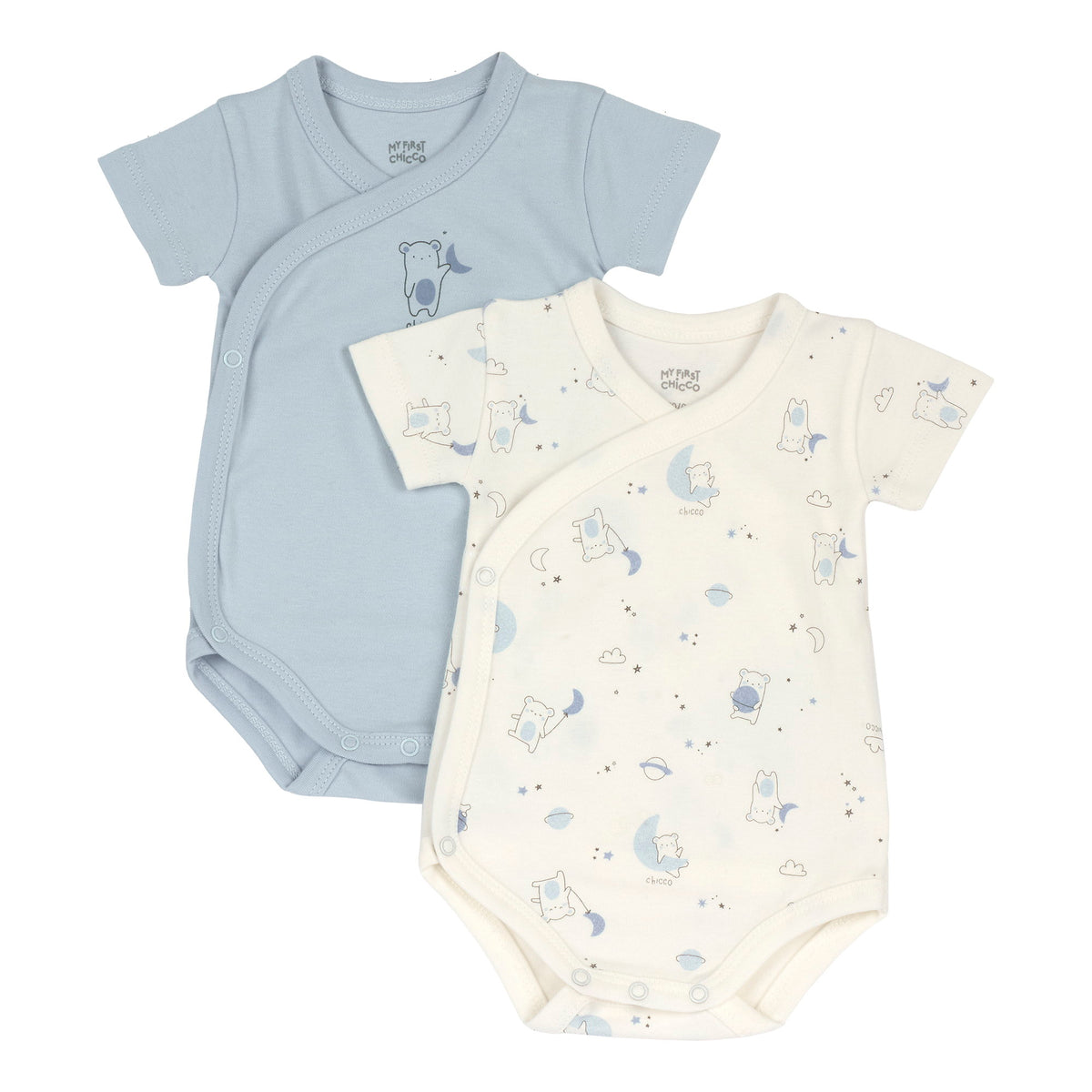 Set di due body incrociati Chicco da neonato color cielo, uno in tinta unita e uno stampato