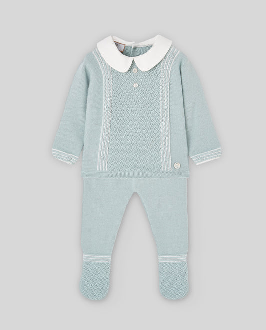 Completo neonato Paz Rodriguez in maglia verde salvia con colletto bianco e ghettina