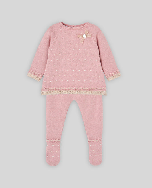 Completo neonata Paz Rodriguez in maglia rosa con maglioncino e ghettina