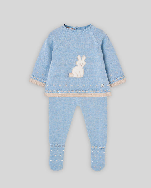 Completo neonato Paz Rodriguez in maglia azzurra con coniglietto e ghettina
