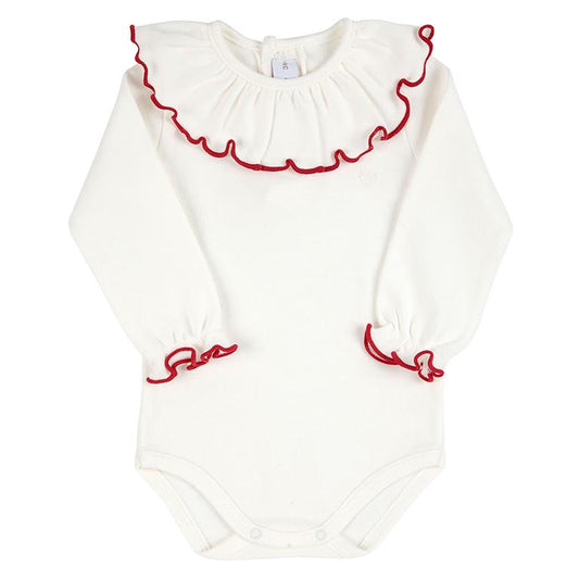 Body neonata Condor bianco con colletto arricciato e festone rosso