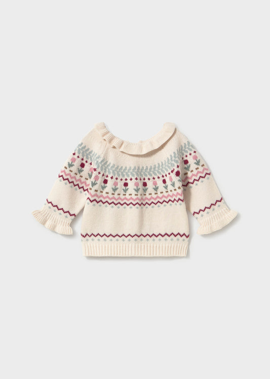 Maglione neonata Mayoral Newborn panna con jacquard di fiori e volant