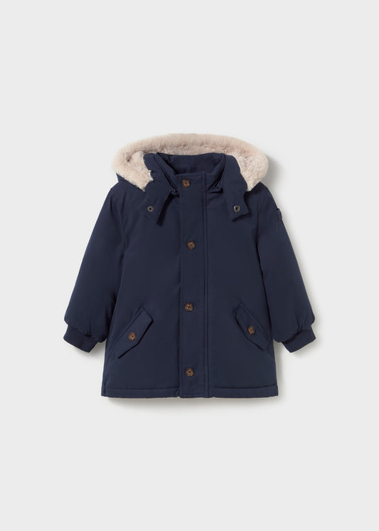 Parka bambino Mayoral blu marino con cappuccio bordato